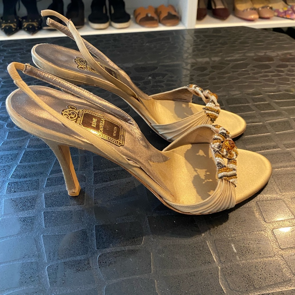 Rene Caovilla Satin Gold Nude Bronze Black Beaded Heels Sandals 40